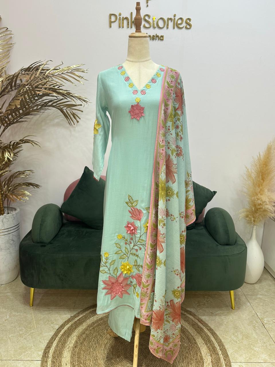 Mul Chanderi Appliqué Work Salwar Suit – Sky Blue