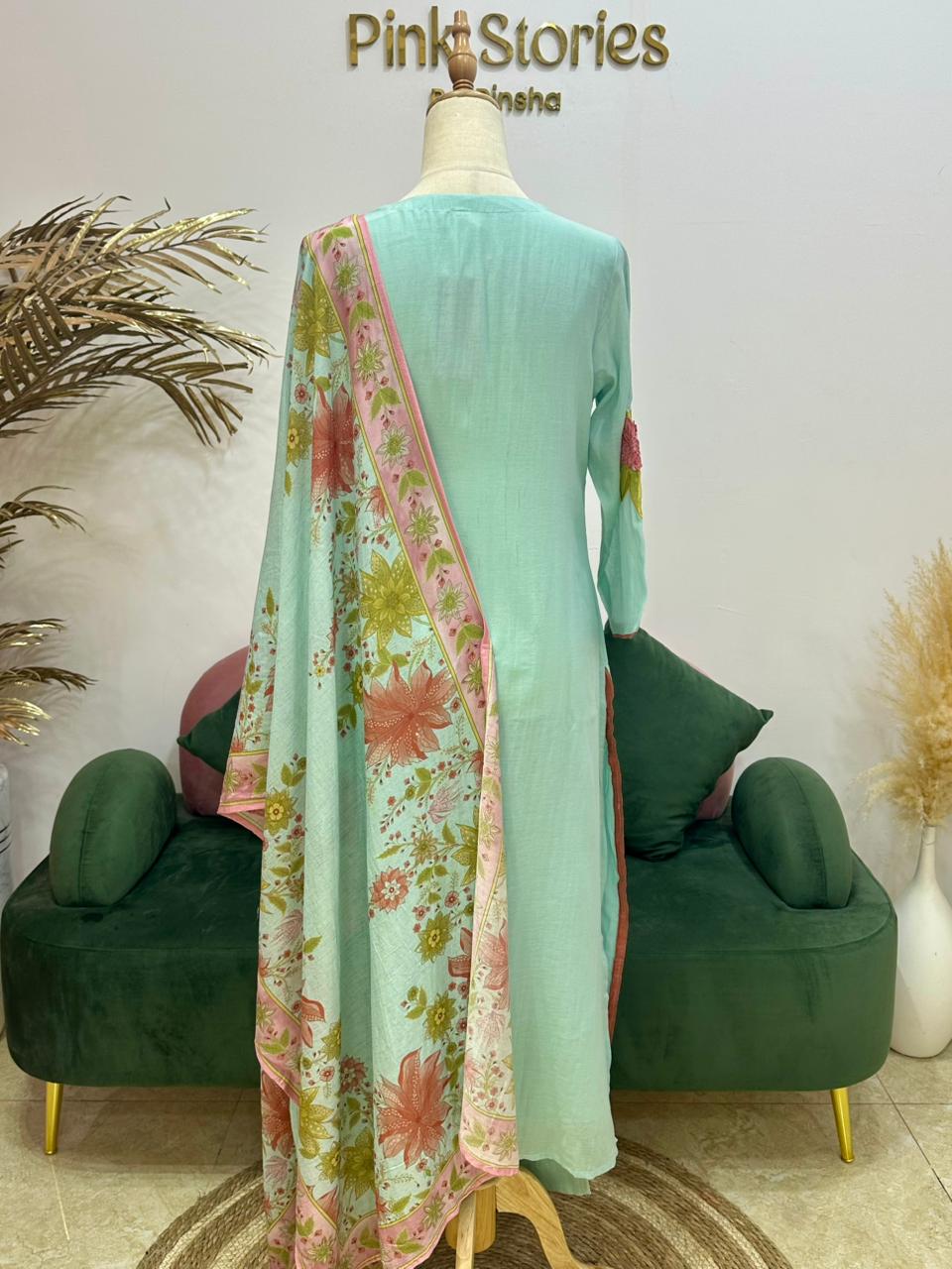 Mul Chanderi Appliqué Work Salwar Suit – Sky Blue