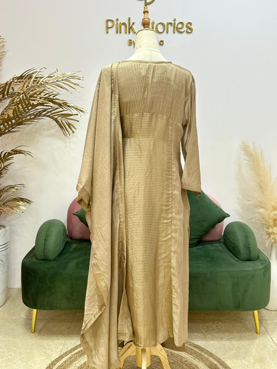 3pc Mul Chanderi Salwar Suit- Copper-Gold