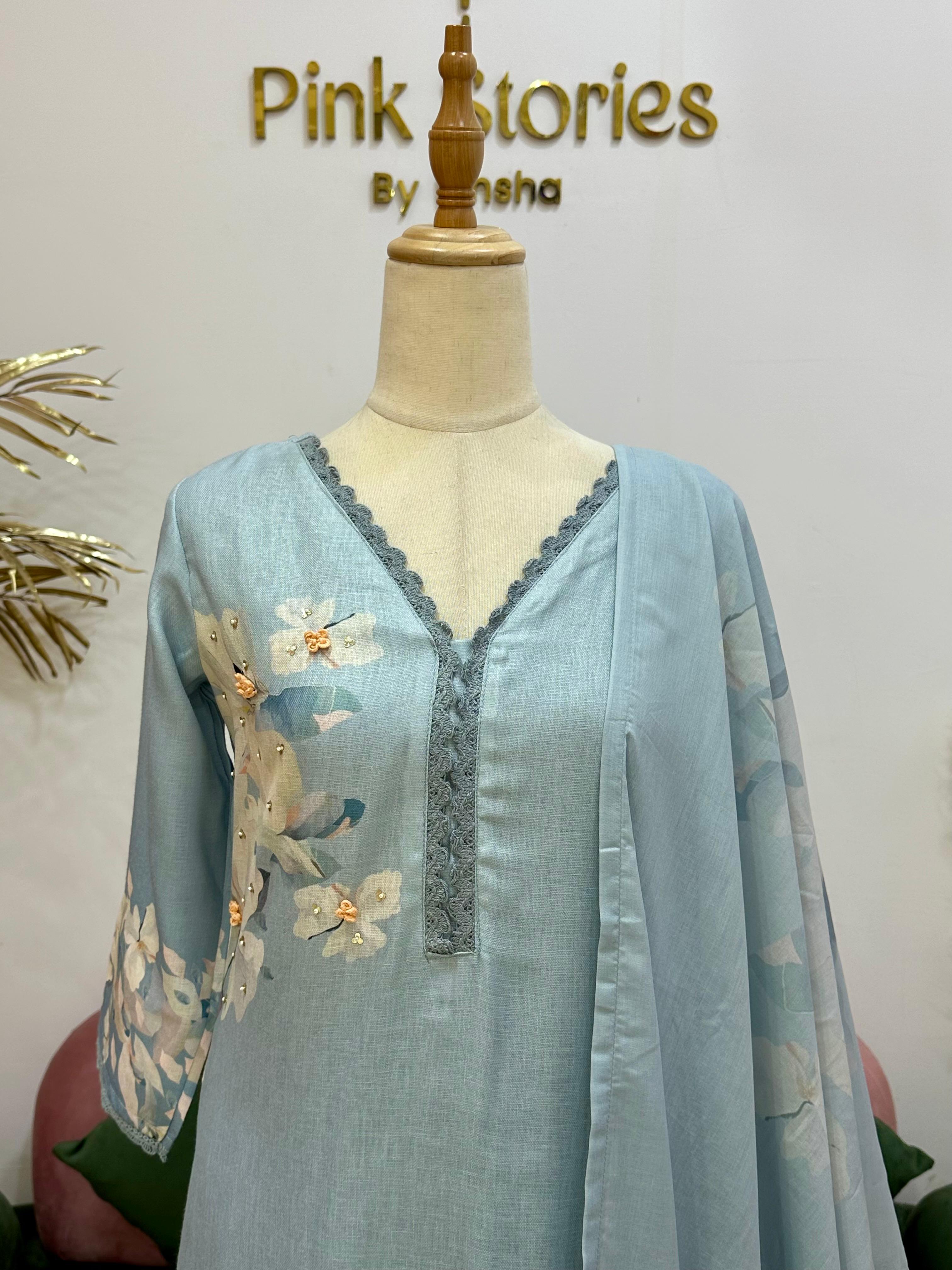 Digital print linen salwar suit- Powder blue