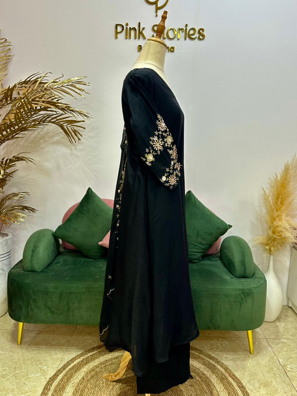 Handworked Raw Silk A-line Suit- Black