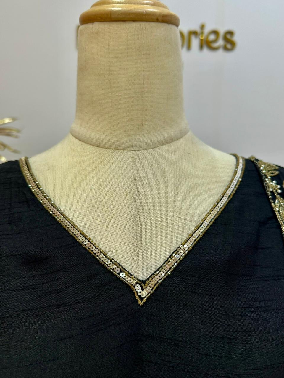Handworked Raw Silk A-line Suit- Black