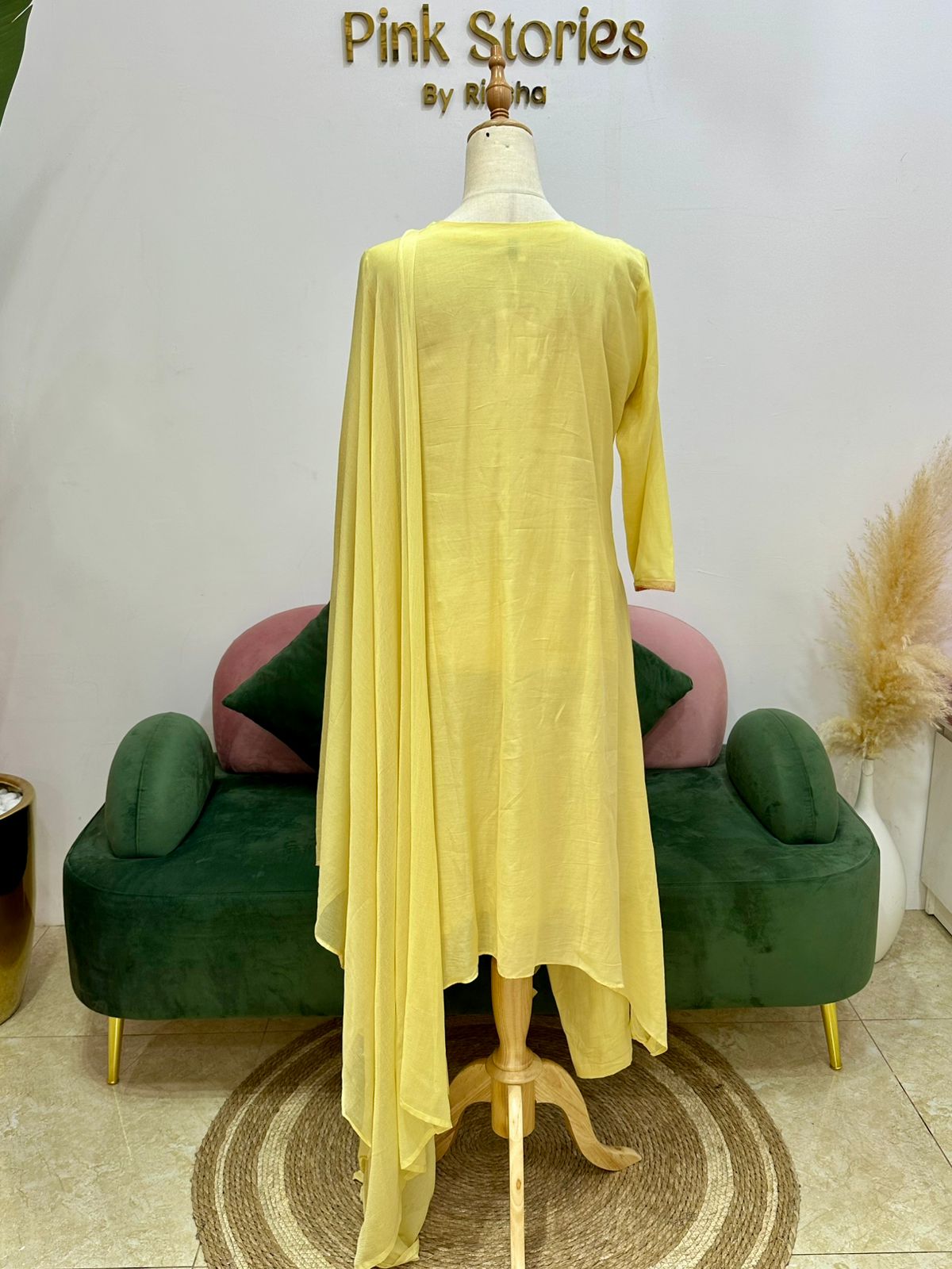 Yellow Mul Chanderi Up-and-Down Cut Appliqué Suit