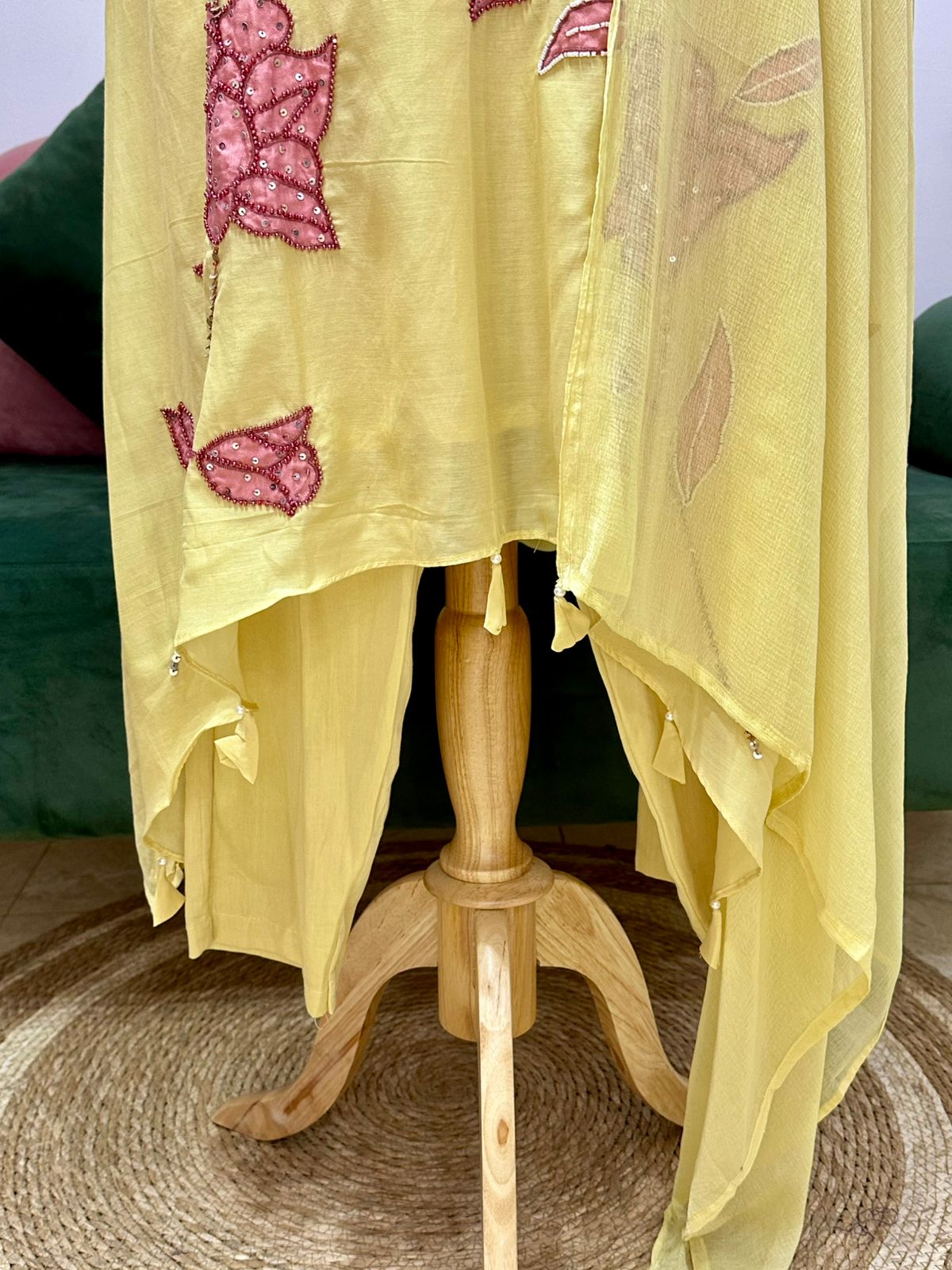 Yellow Mul Chanderi Up-and-Down Cut Appliqué Suit