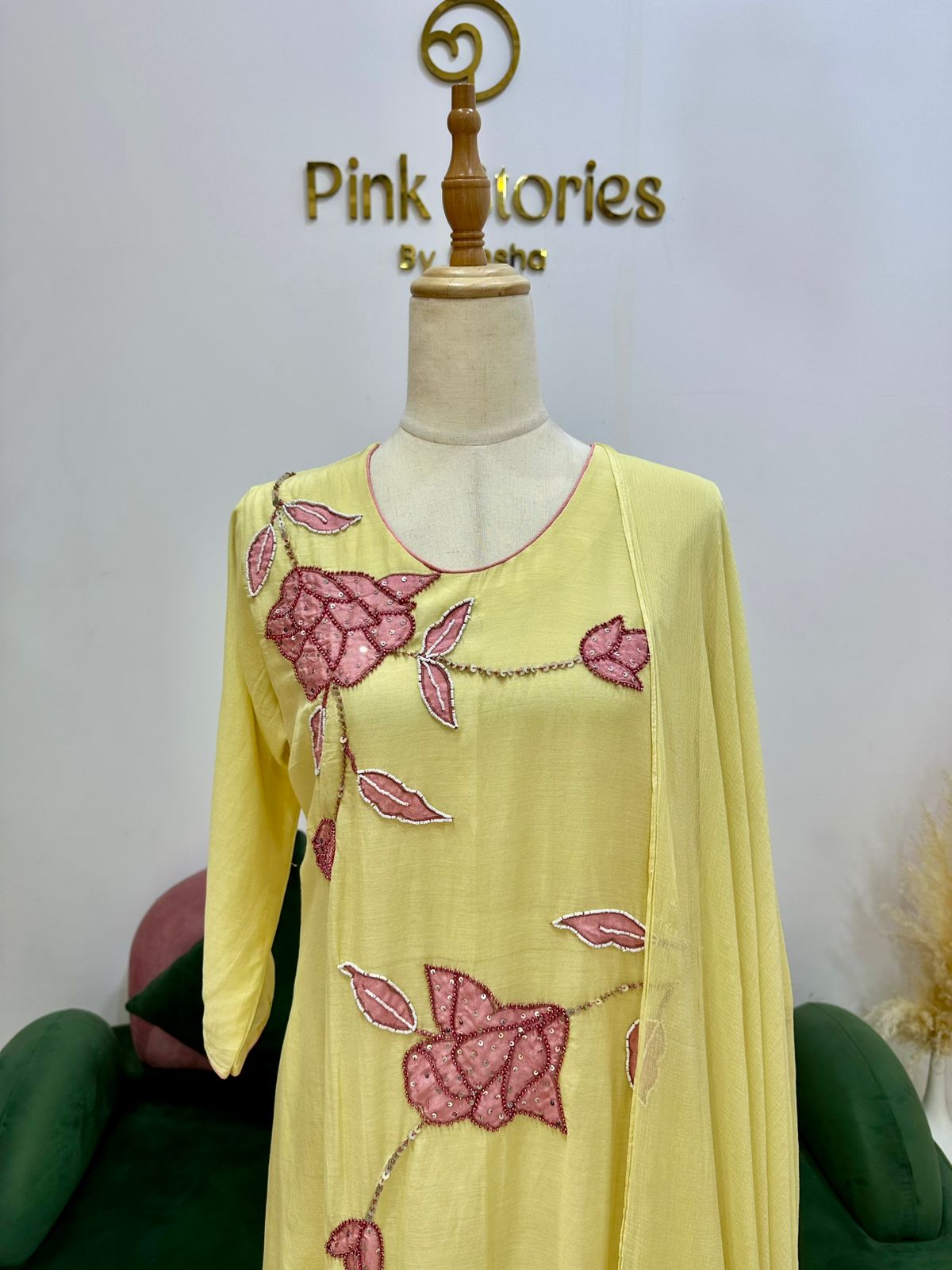 Yellow Mul Chanderi Up-and-Down Cut Appliqué Suit