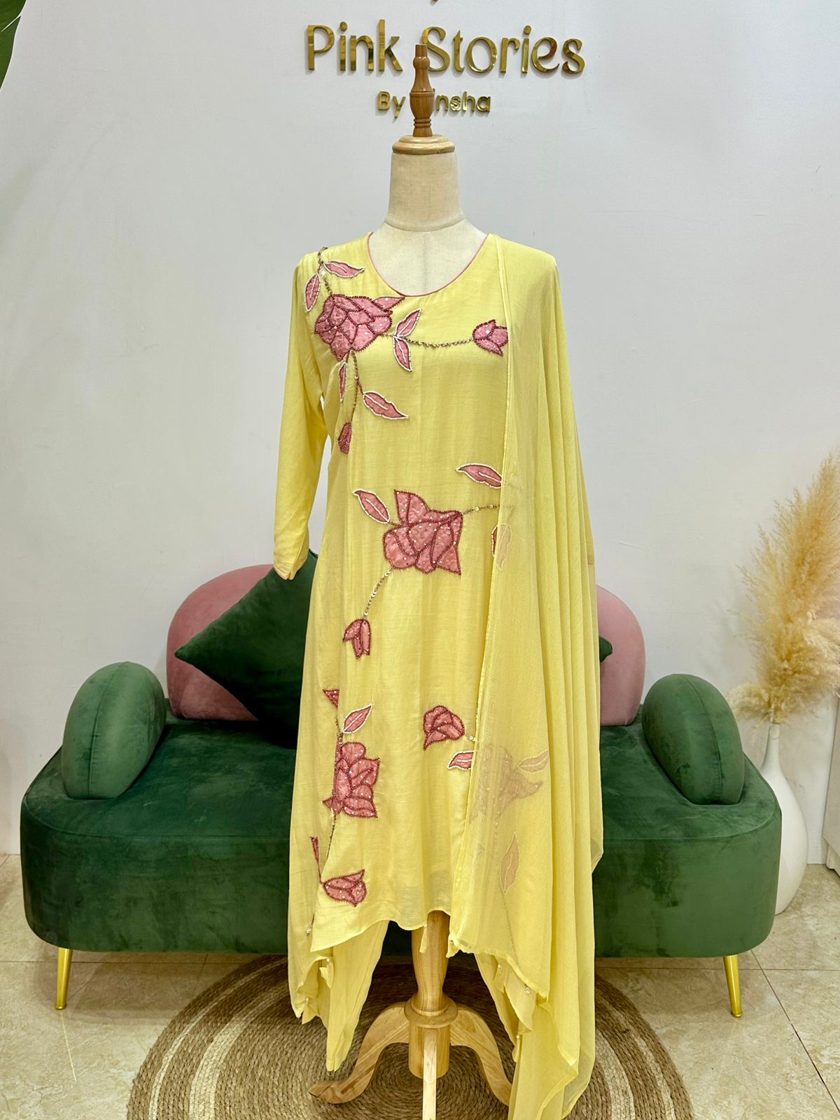 Yellow Mul Chanderi Up-and-Down Cut Appliqué Suit