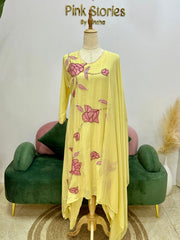 Yellow Mul Chanderi Up-and-Down Cut Appliqué Suit