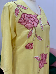Yellow Mul Chanderi Up-and-Down Cut Appliqué Suit
