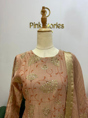 Handworked Mul Chanderi A-line Suit- Peach