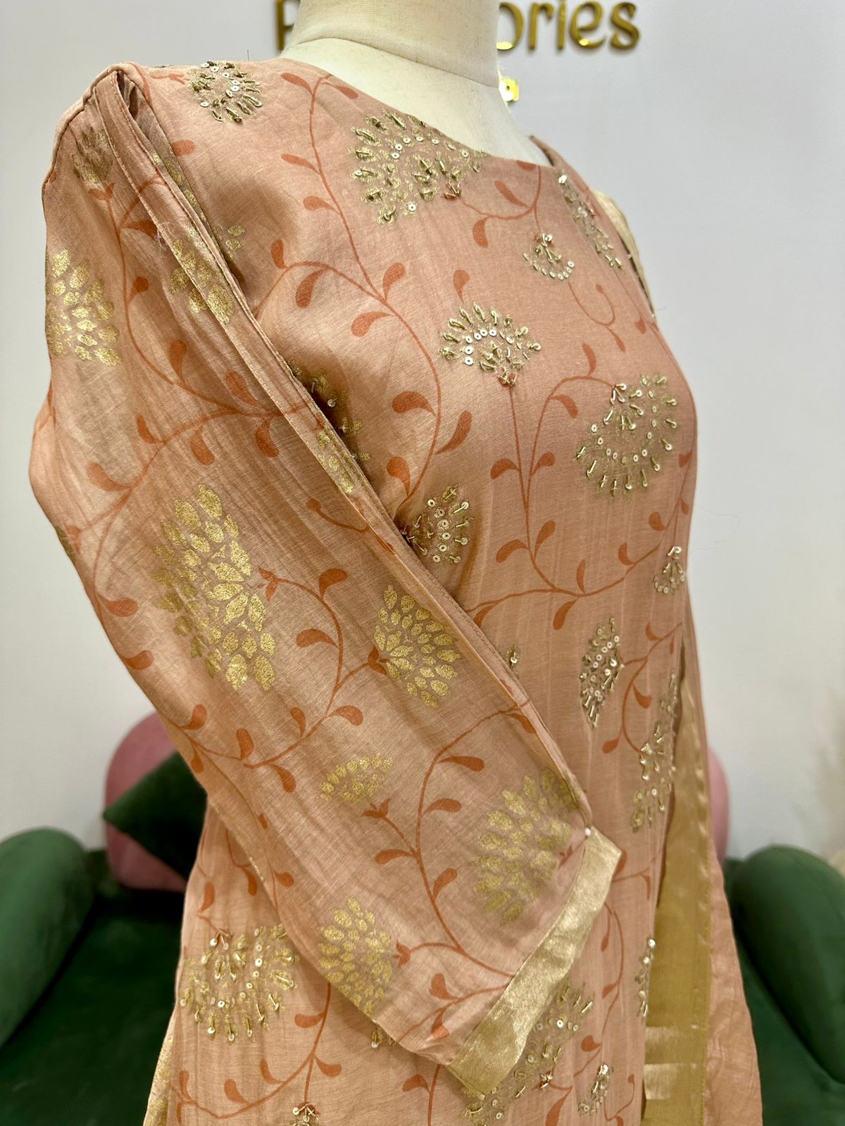 Handworked Mul Chanderi A-line Suit- Peach