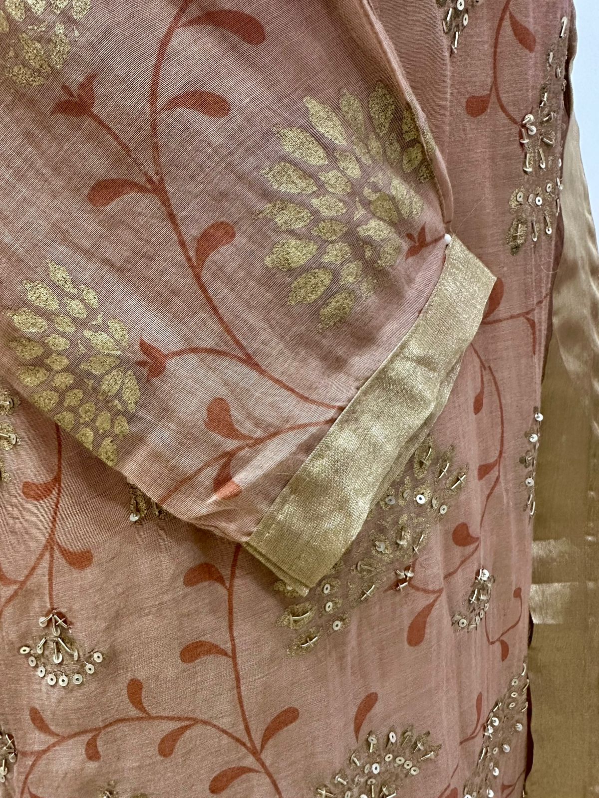 Handworked Mul Chanderi A-line Suit- Peach