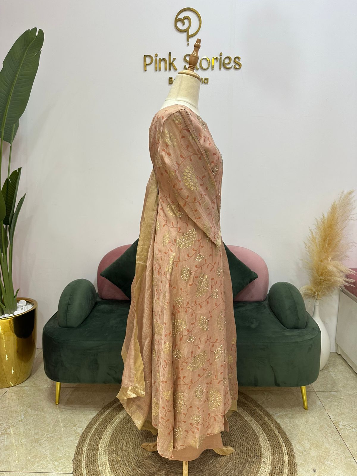 Handworked Mul Chanderi A-line Suit- Peach