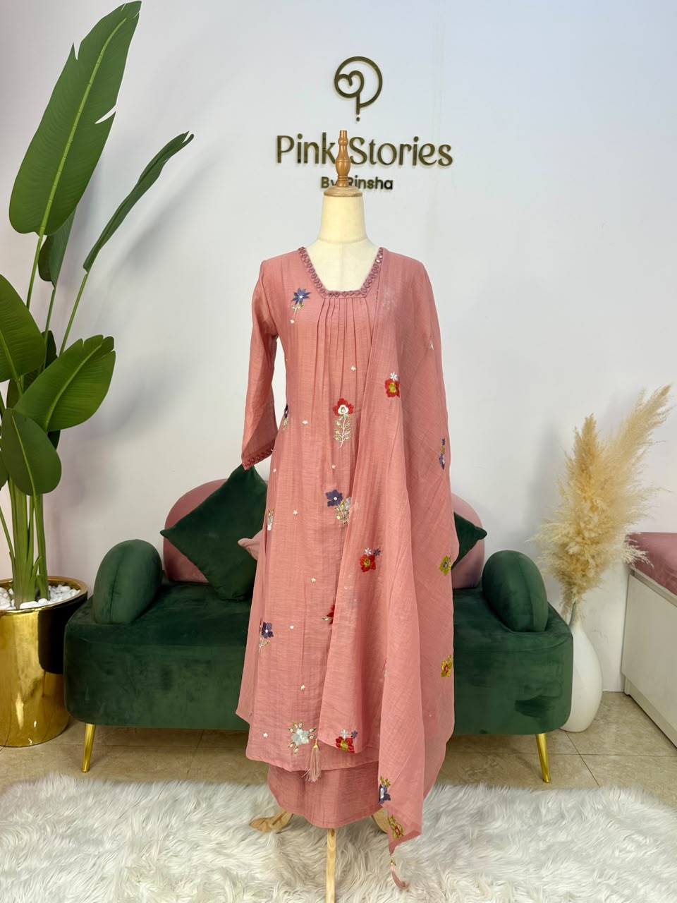Embroidered Mul Chanderi A-line Suit- Peach