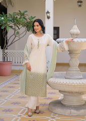 Ombre Shaded Schiffli Cutwork Salwar Suit- Cream and Green