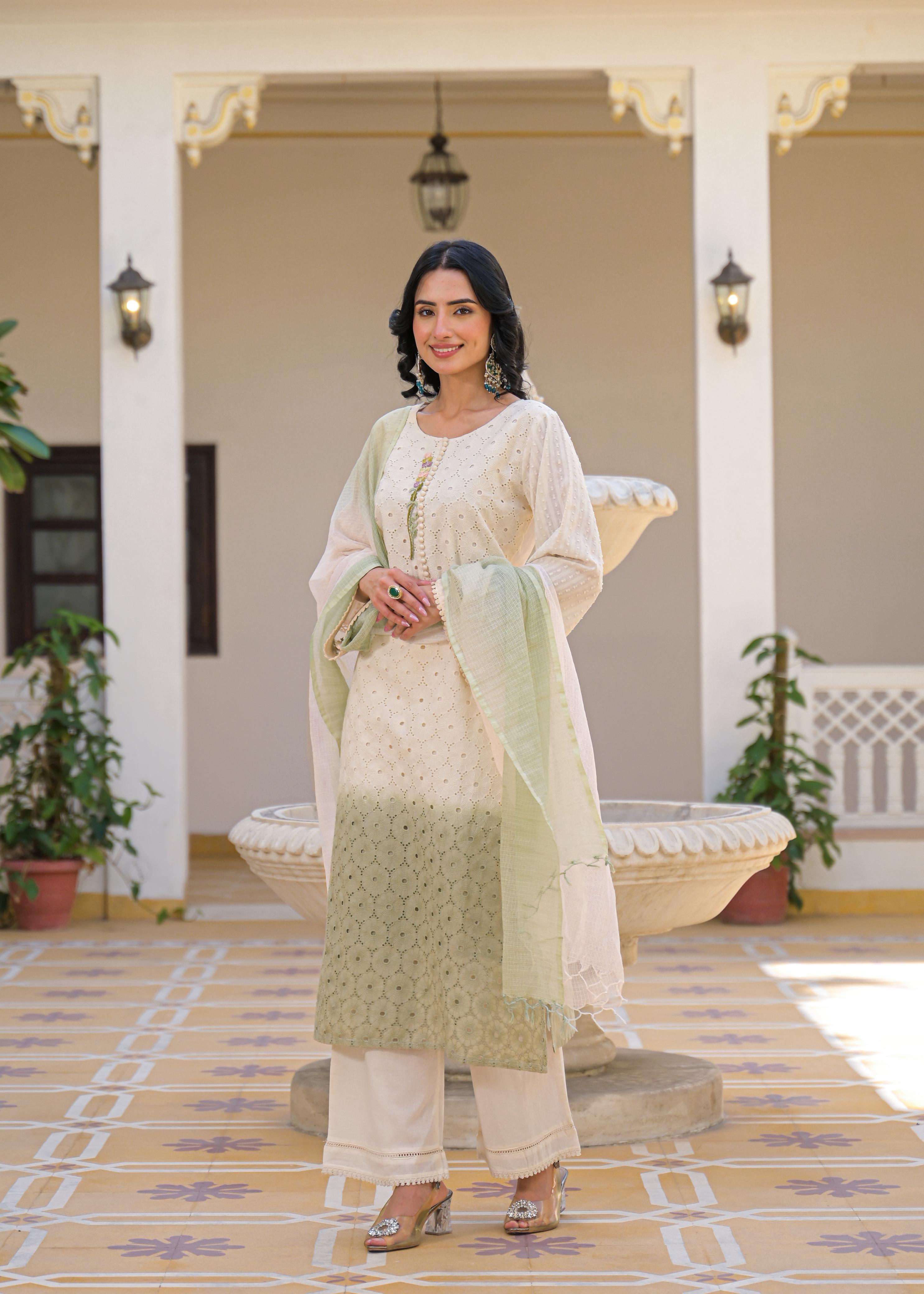 Ombre Shaded Schiffli Cutwork Salwar Suit- Cream and Green