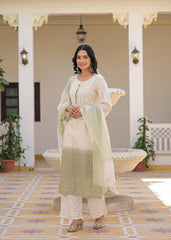 Ombre Shaded Schiffli Cutwork Salwar Suit- Cream and Green