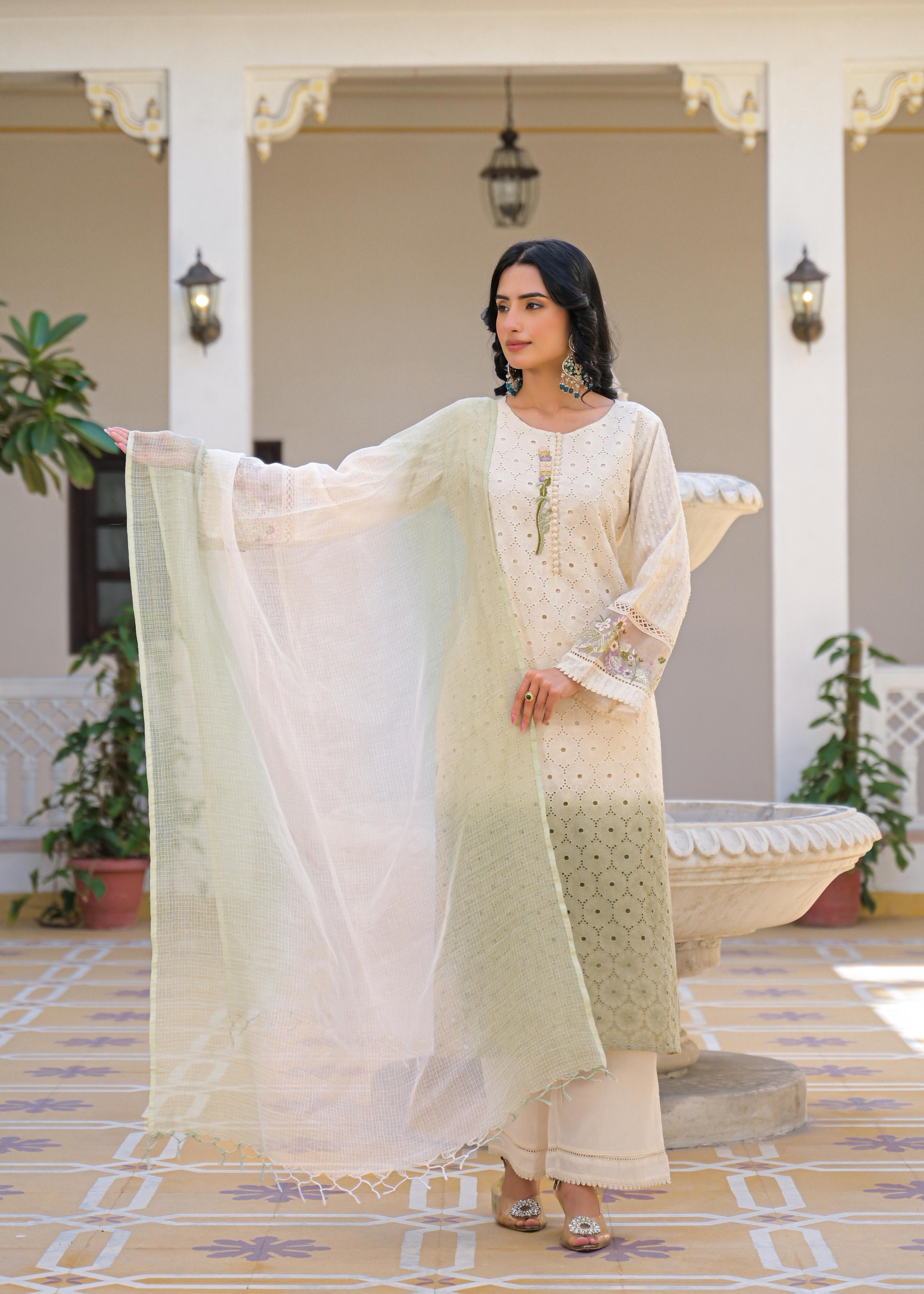Ombre Shaded Schiffli Cutwork Salwar Suit- Cream and Green