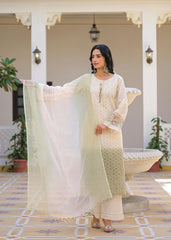 Ombre Shaded Schiffli Cutwork Salwar Suit- Cream and Green