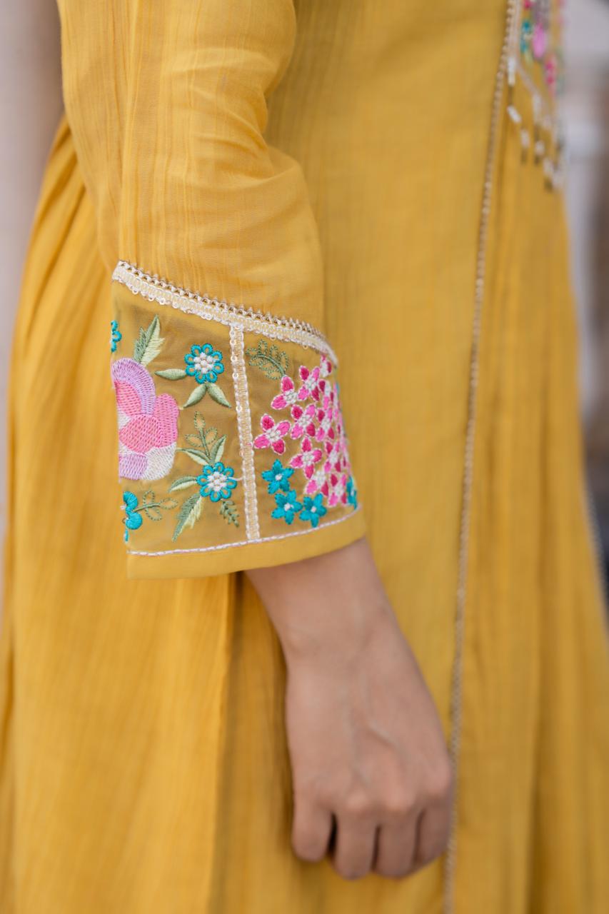 Embroidered Wrinkle Rayon Anarkali Set – Yellow