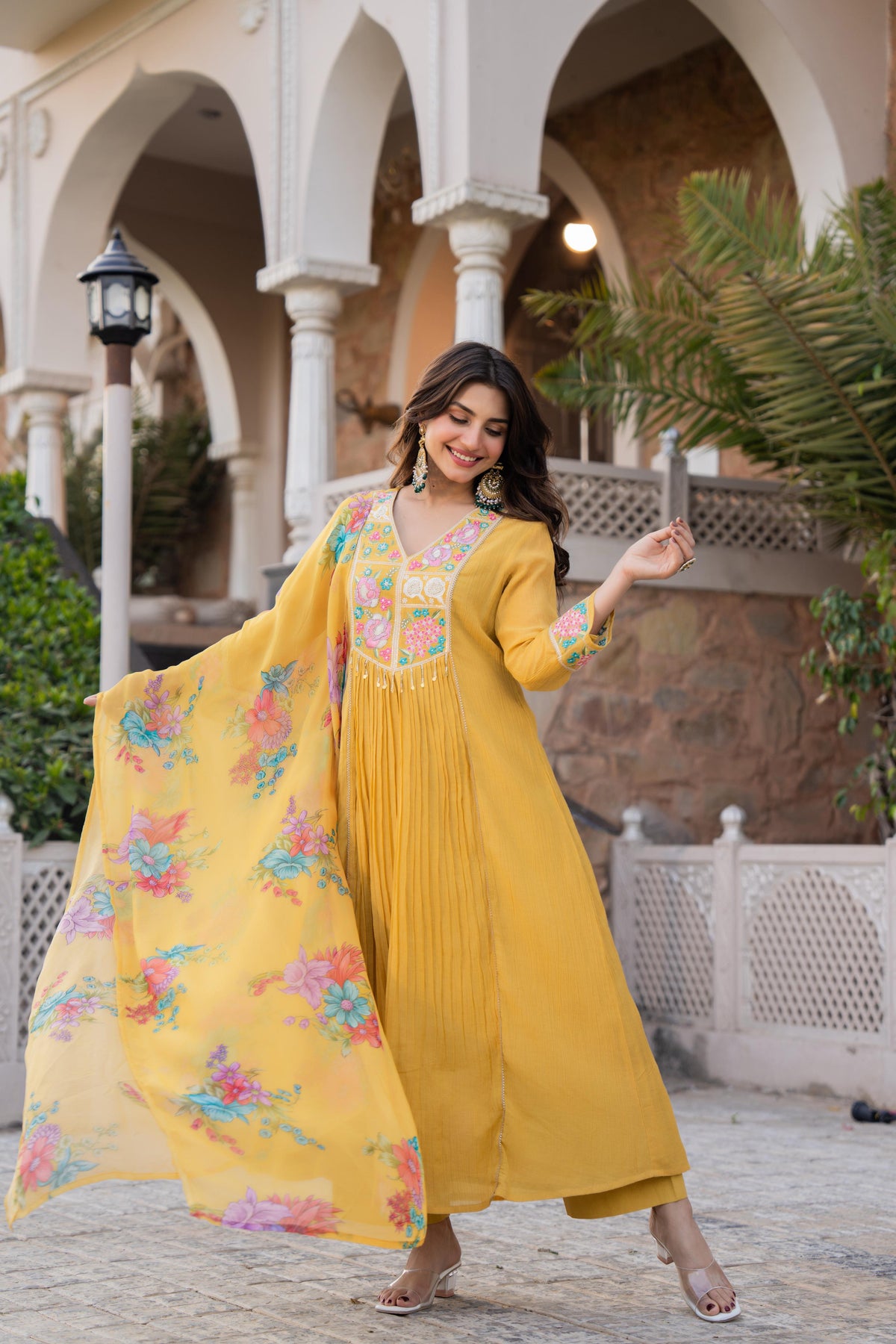 Embroidered Wrinkle Rayon Anarkali Set – Yellow