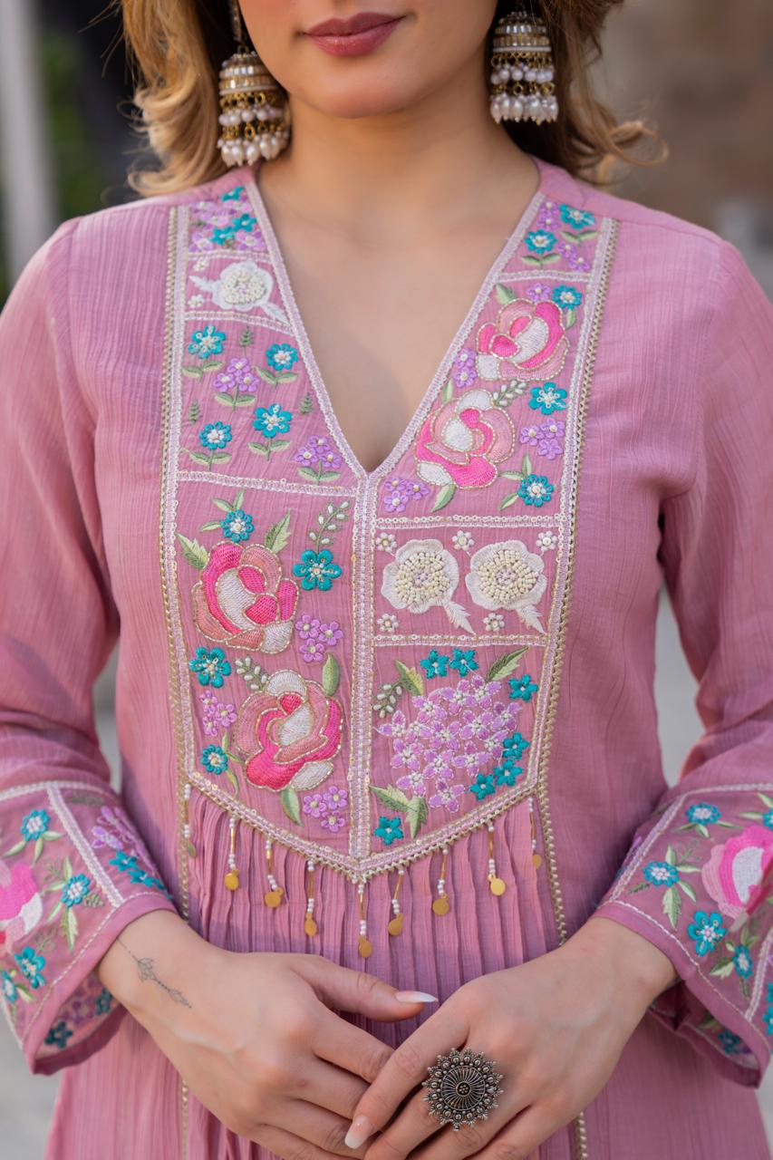 Embroidered Wrinkle Rayon Anarkali Set – Onion Pink