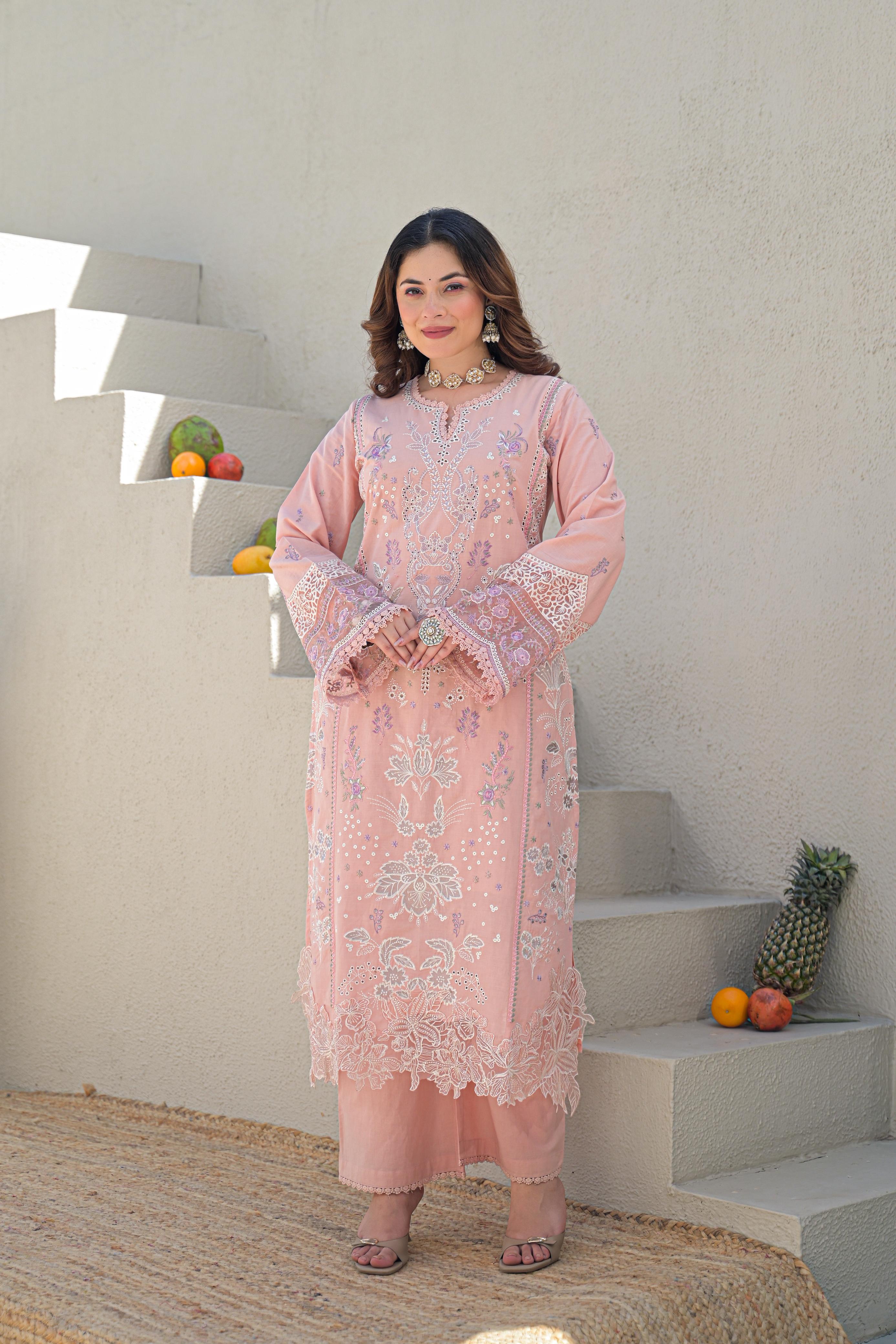 Embroidered 3pc salwar suit- pastel pink