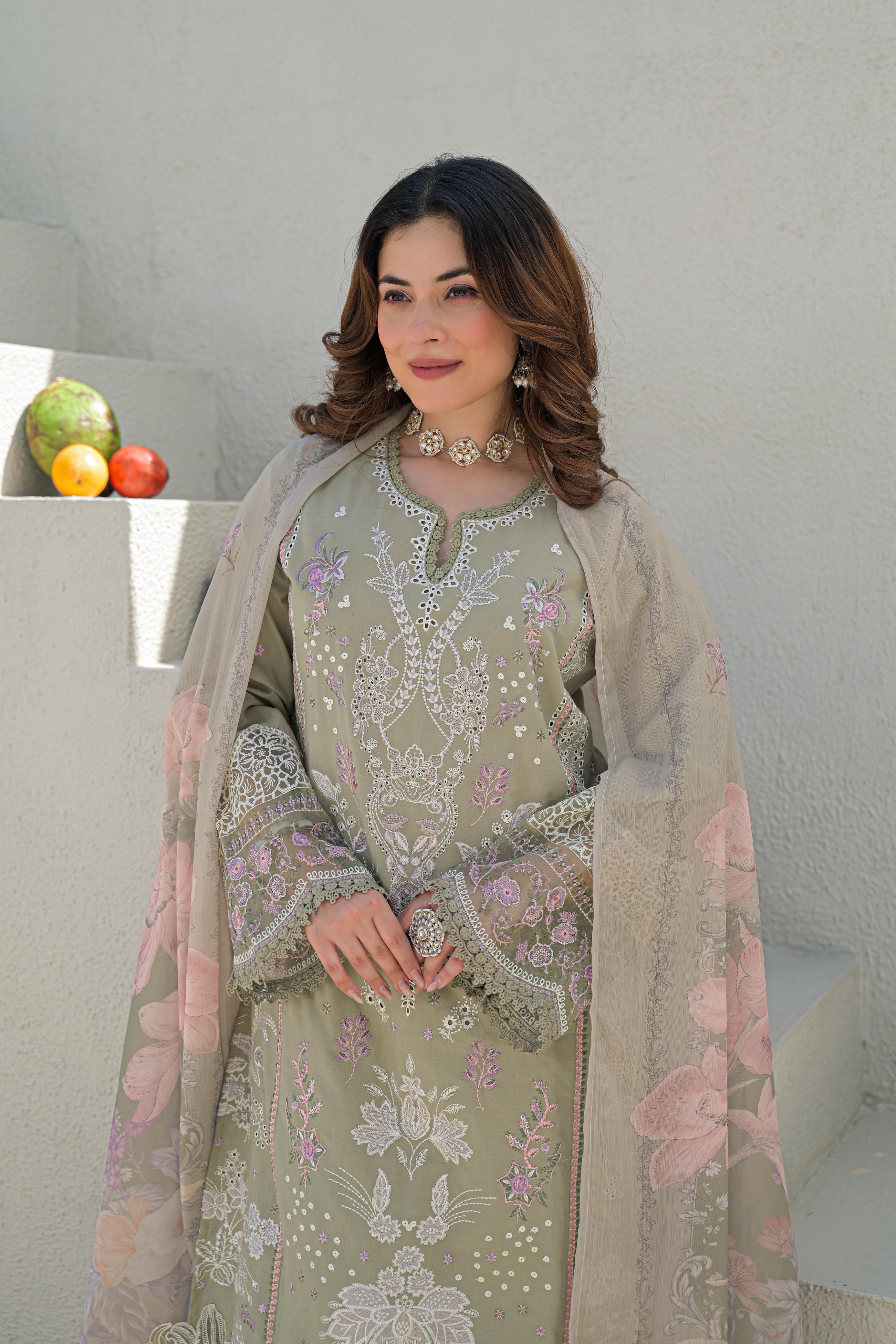 Embroidered 3pc salwar suit- Olive green
