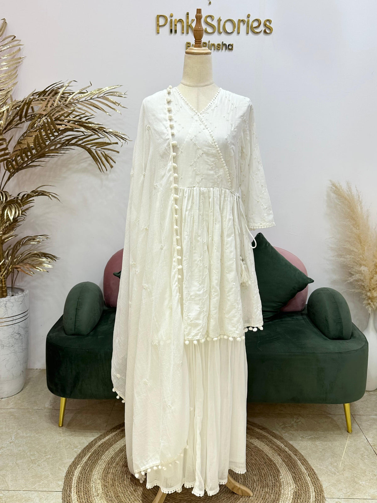 White Mul Cotton Angrakha Sharara Set