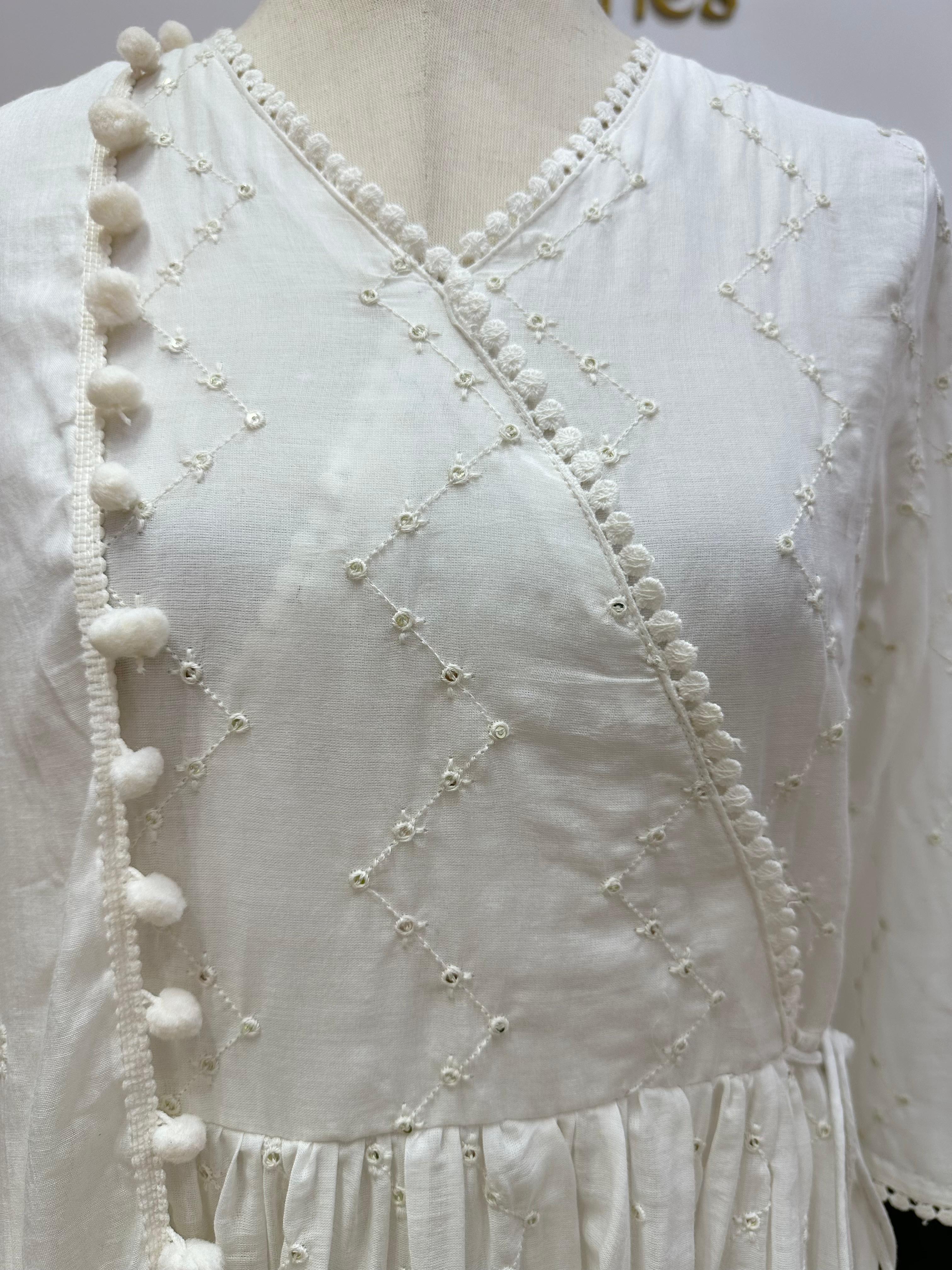 White Mul Cotton Angrakha Sharara Set