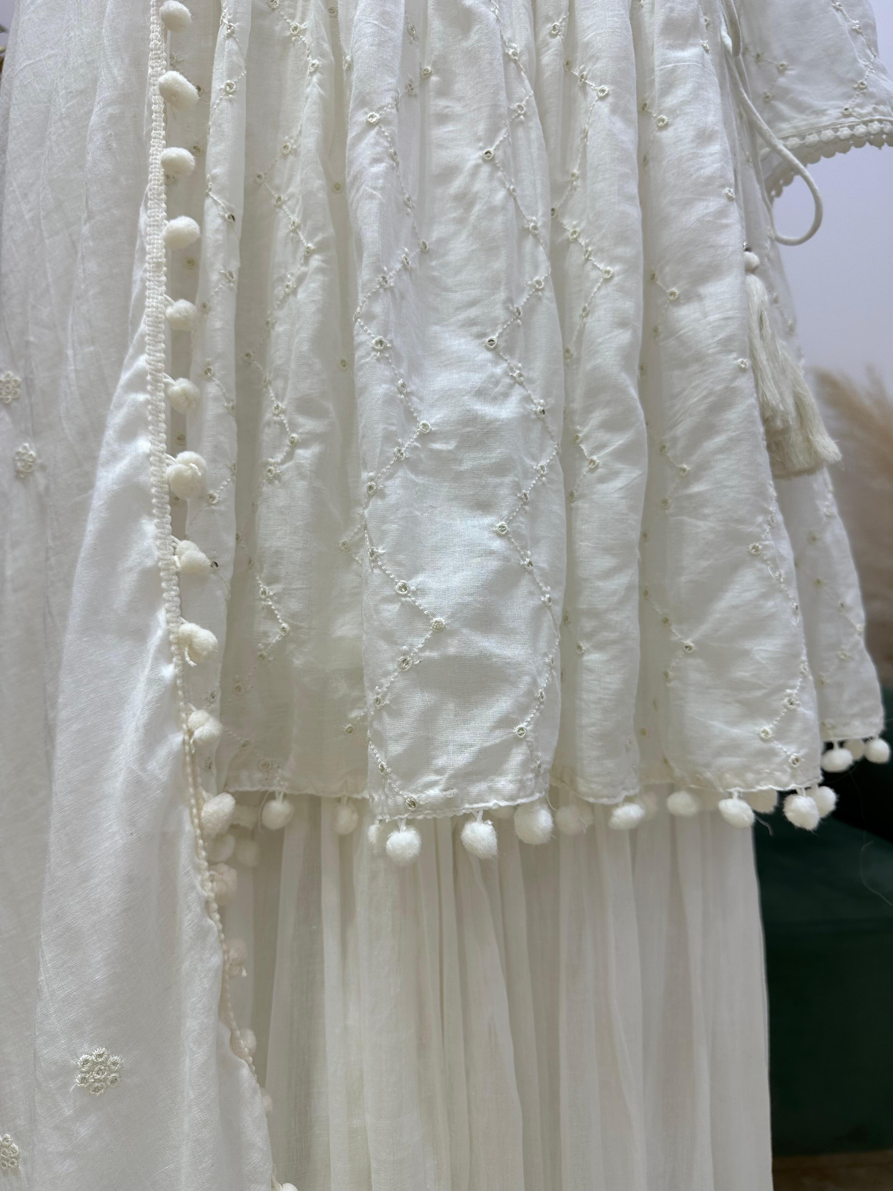 White Mul Cotton Angrakha Sharara Set