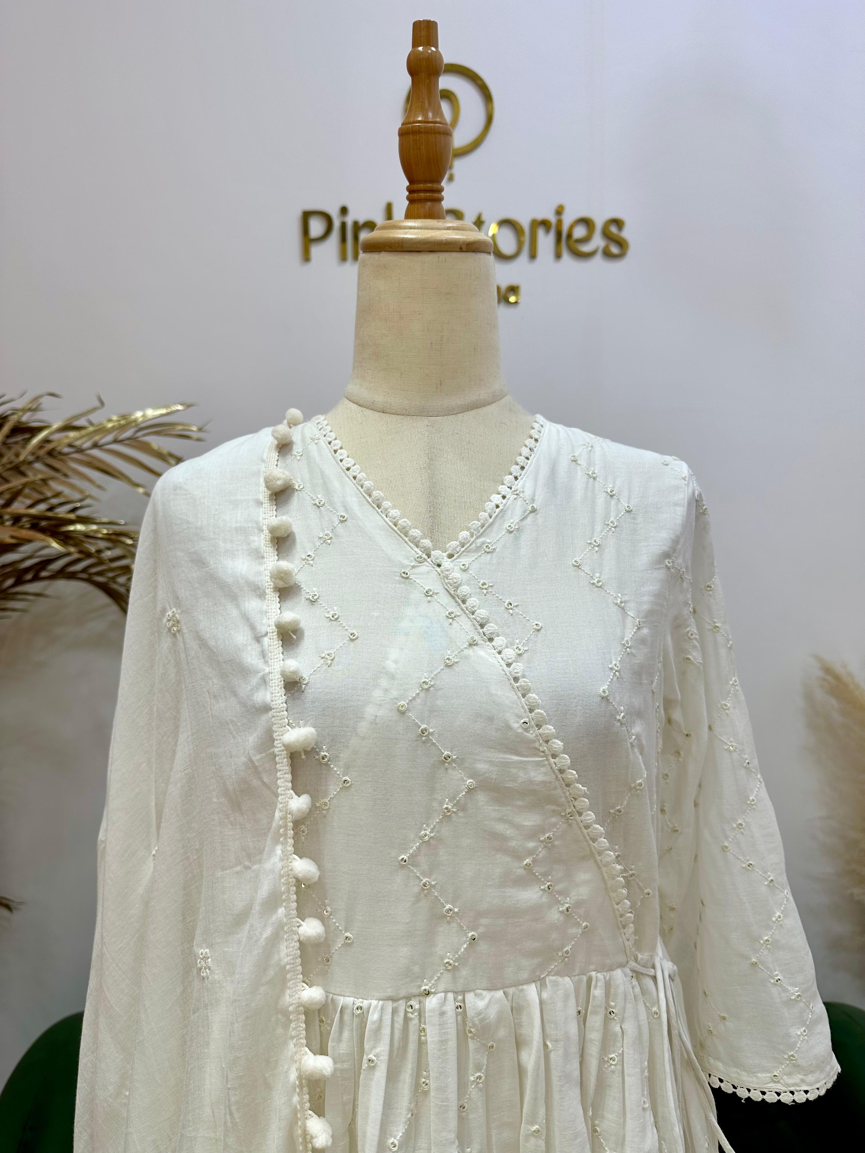 White Mul Cotton Angrakha Sharara Set