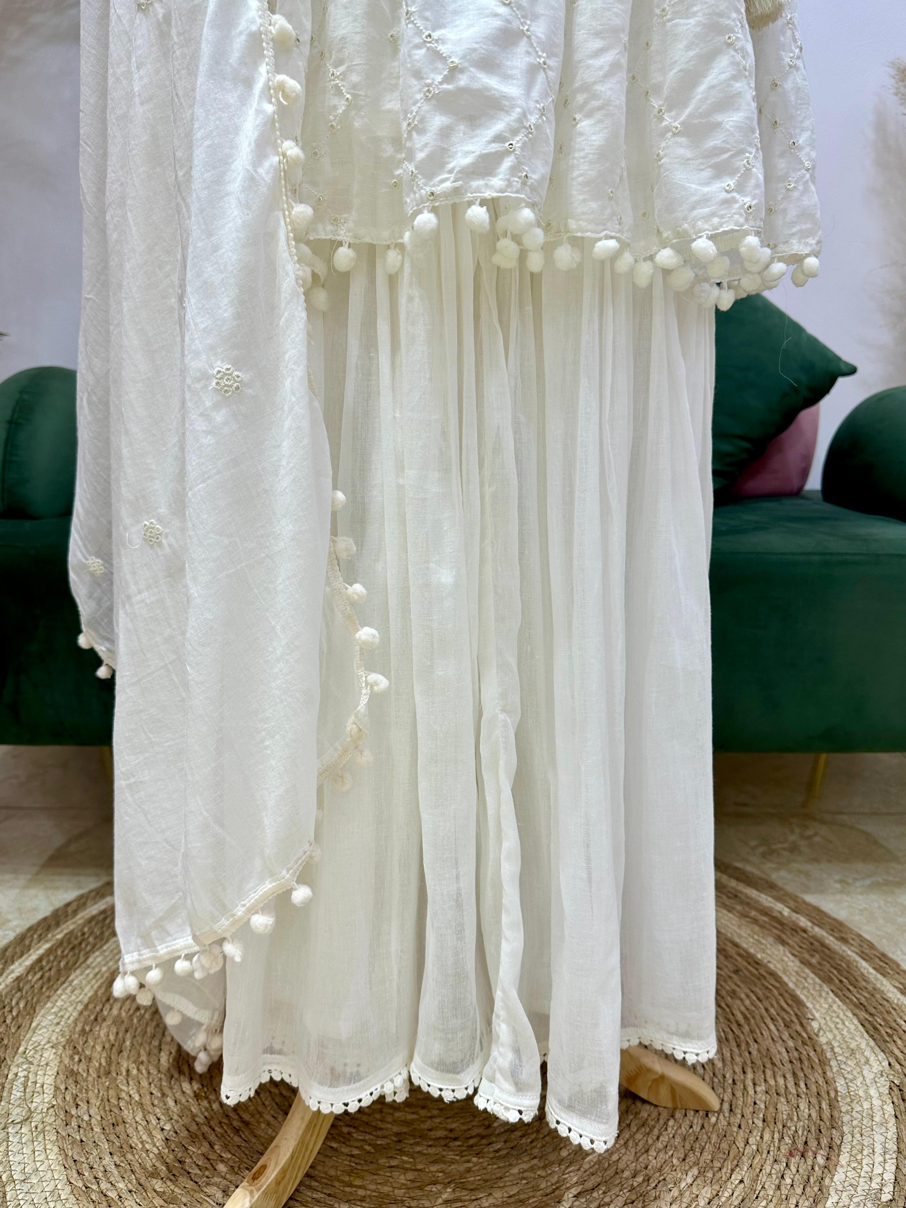 White Mul Cotton Angrakha Sharara Set