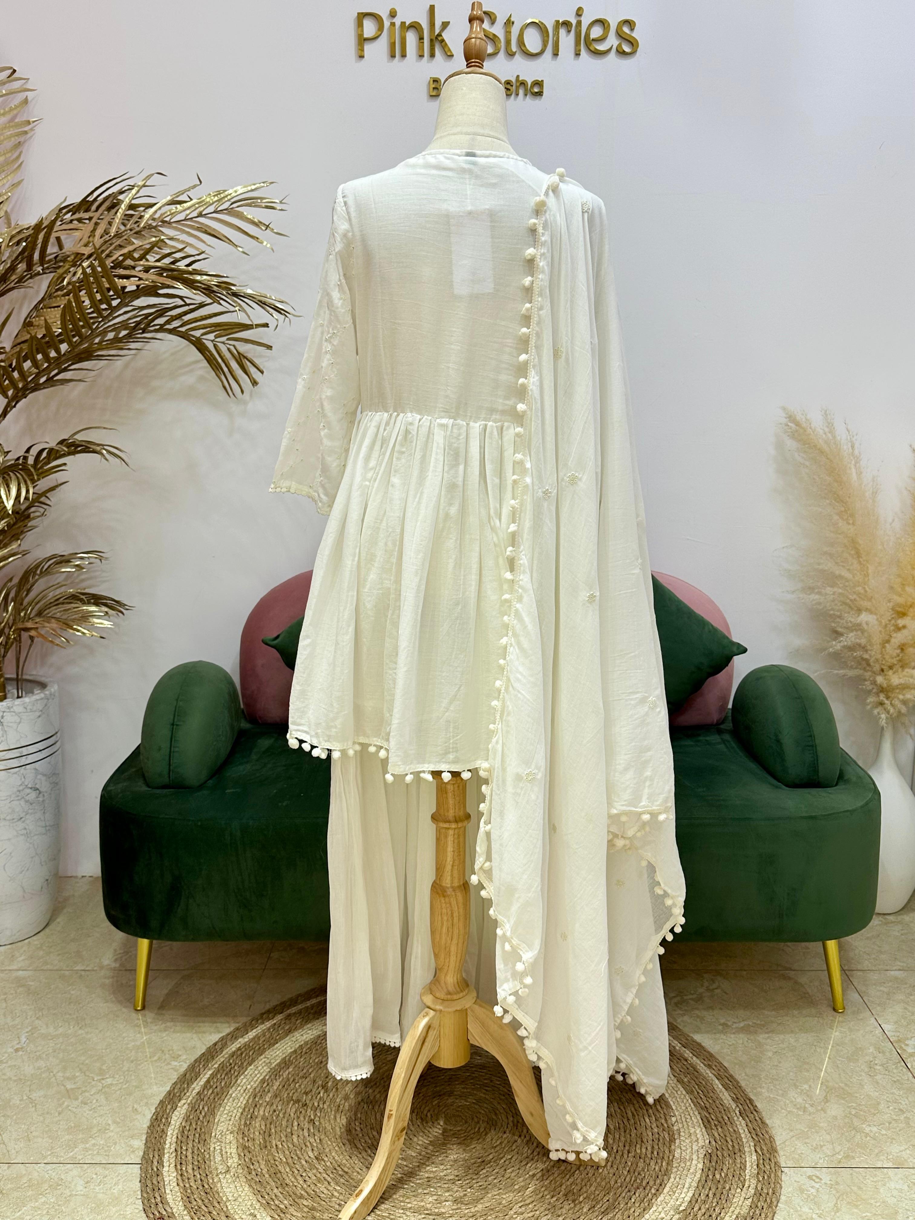 White Mul Cotton Angrakha Sharara Set
